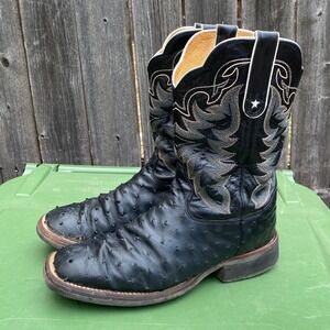Tony Lama 8990 Ostrich Square Toe Cowboy Boots Black Leather Western Sz 9.5 EE